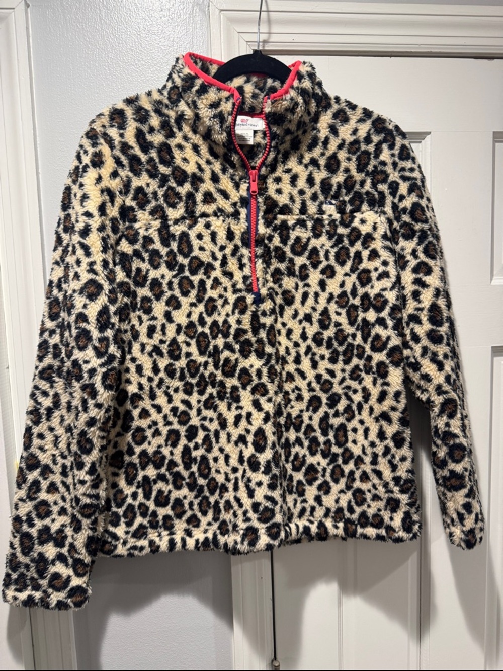Vineyard Vines Leopard Print Puff Jacket with Pink Trim